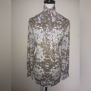 Tory Burch Tan, Black And White Patterned Silk Blouse SZ14